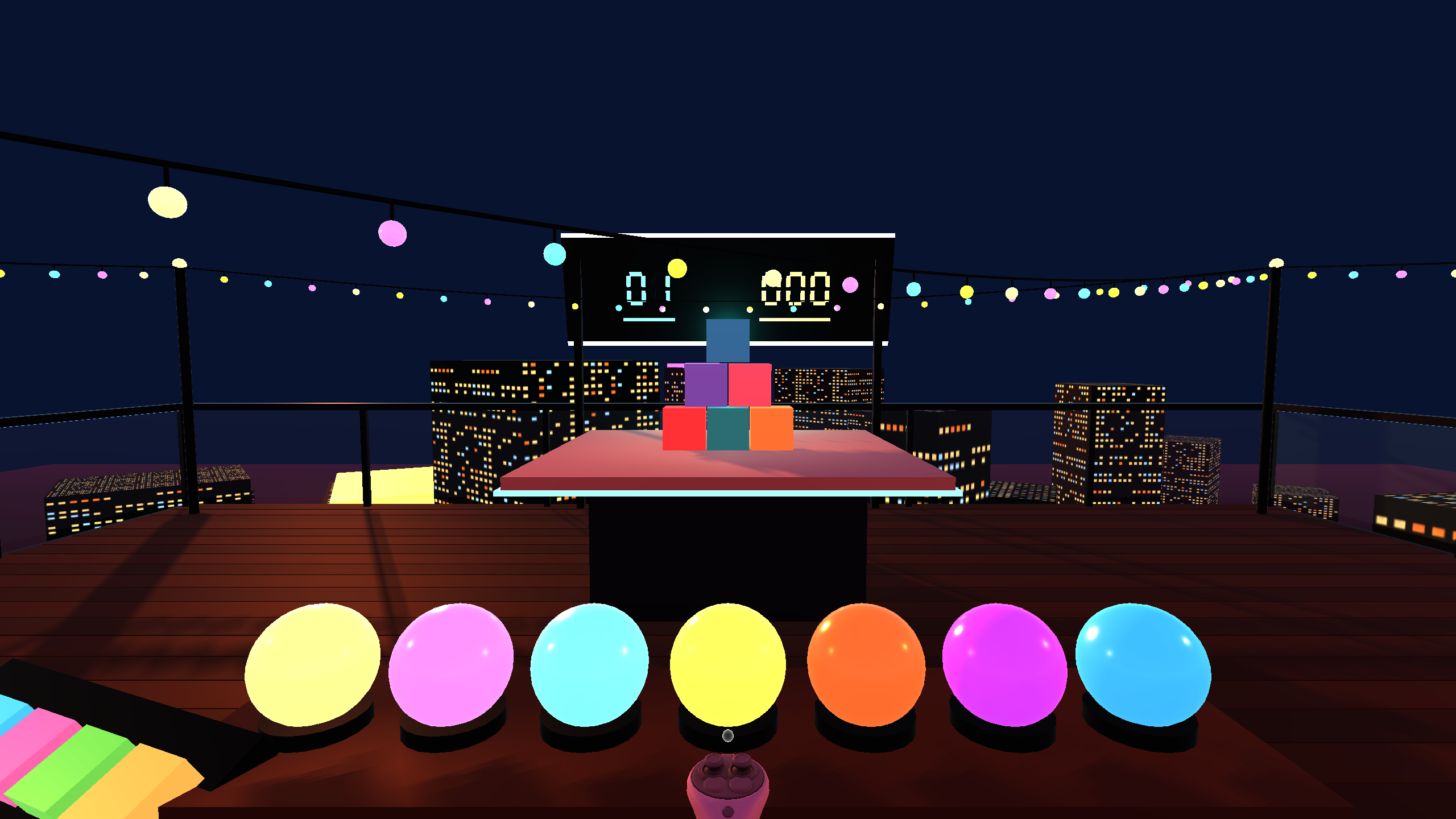 Tower Toss — the ball rack and block tower on the rooftop at blue hour